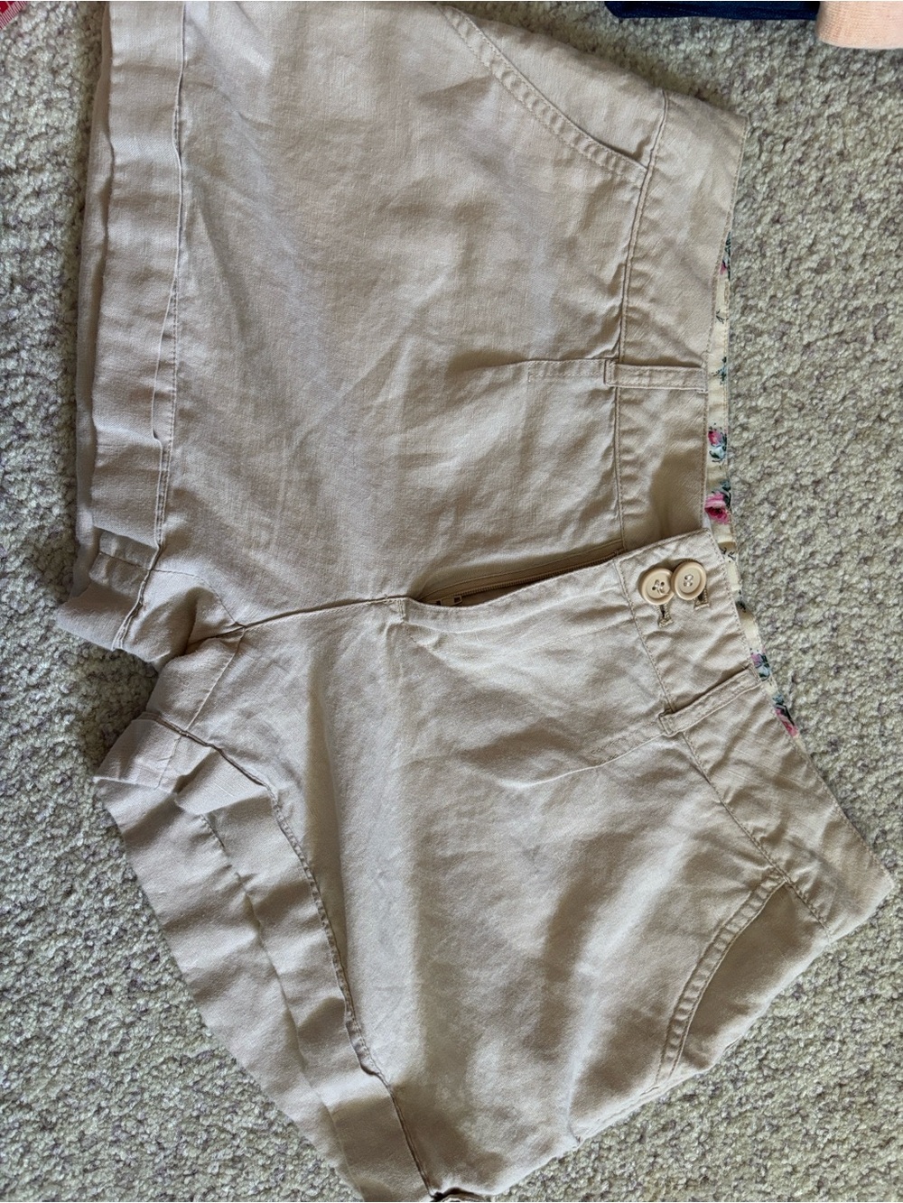Love Tree Light Beige High Waist Ruffle-Trim Shorts